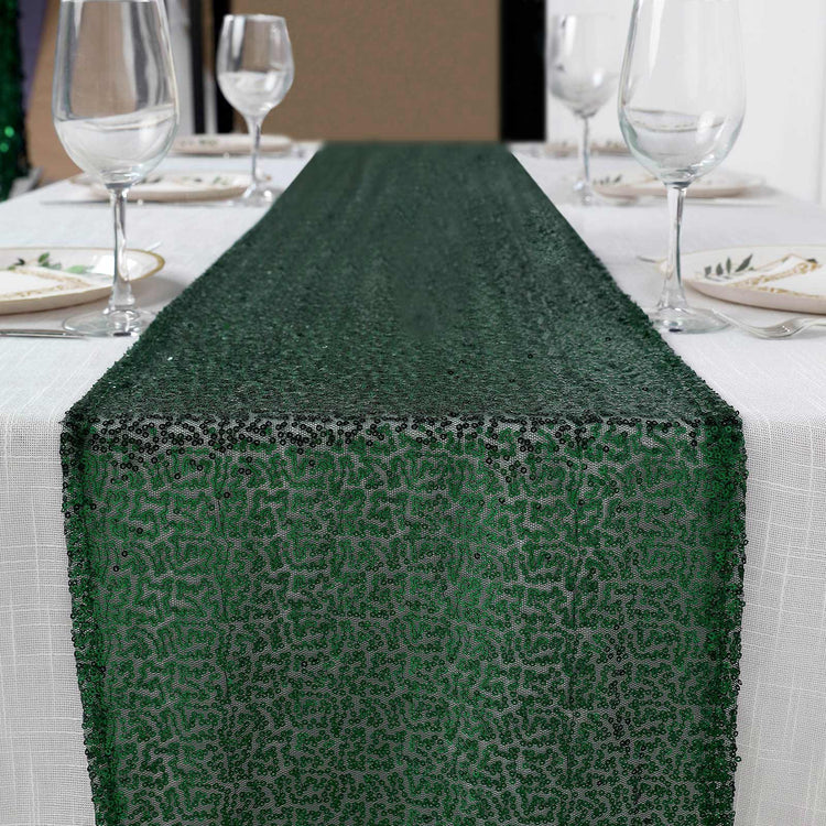 12 Inch By 108 Inch Hunter Emerald Green Sequin Bead Tulle Net Table Runner Seamless