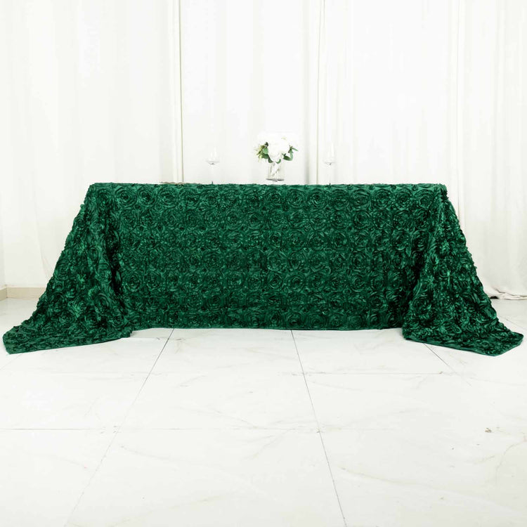 90X132 Inch Satin Hunter Emerald 3D Rosette Rectangular Tablecloth