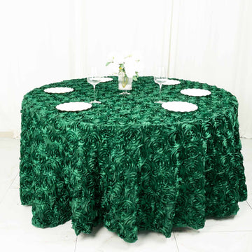 Hunter Emerald Green Seamless Grandiose 3D Rosette Satin Round Tablecloth 120"