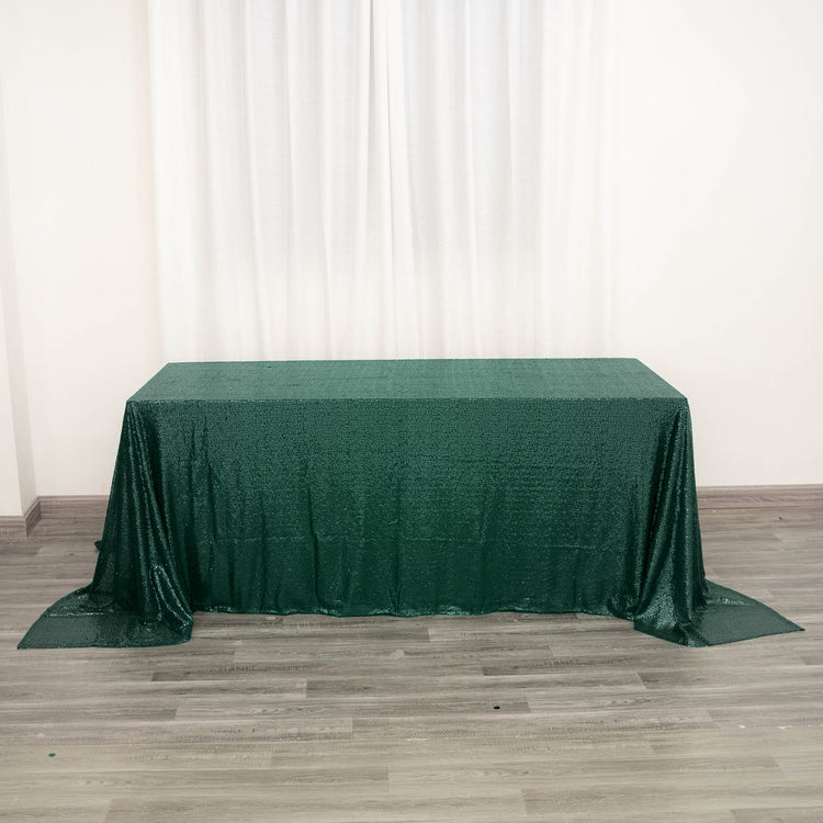 90 Inch By 132 Inch Rectangle Tablecloth With Hunter Emerald Green Seamless Sequin