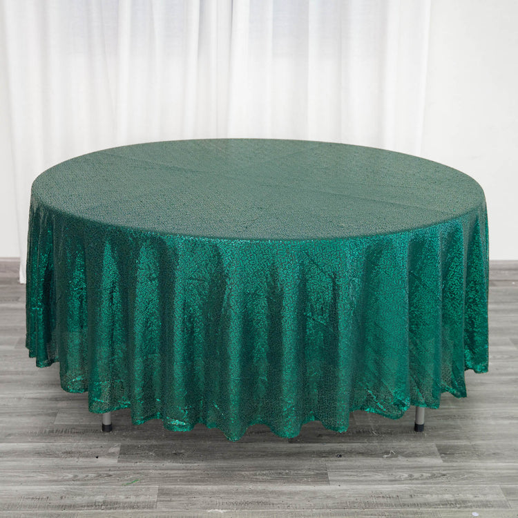 108 Inch Round Tablecloth With Hunter Emerald Green Seamless Sequin