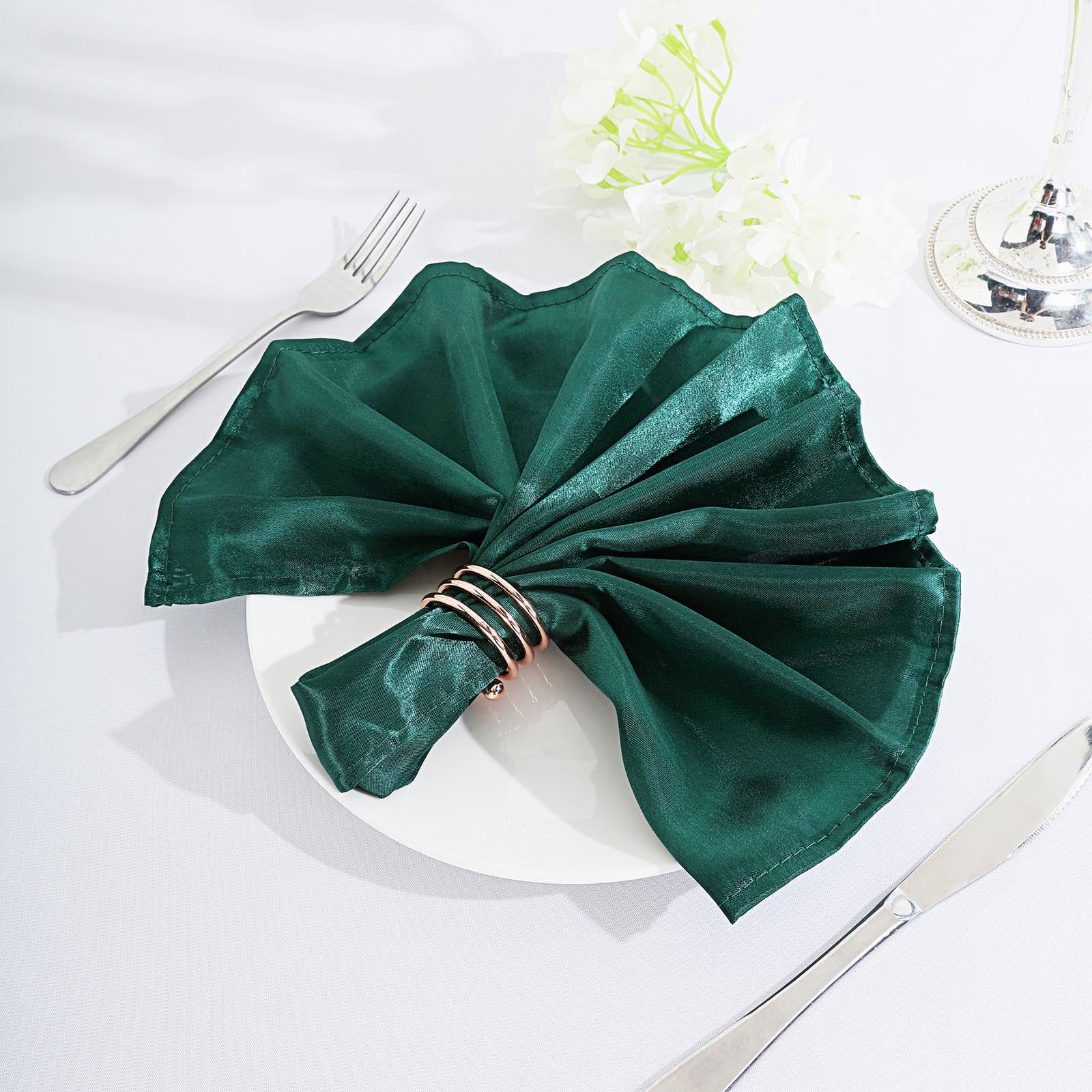 5 Pack Hunter Emerald Green Striped Satin Linen Napkins, Wrinkle