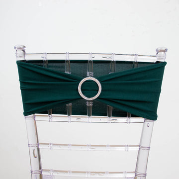 5 Pack Hunter Emerald Green Spandex Stretch Chair Sashes with Silver Diamond Ring Slide Buckle 5"x14"
