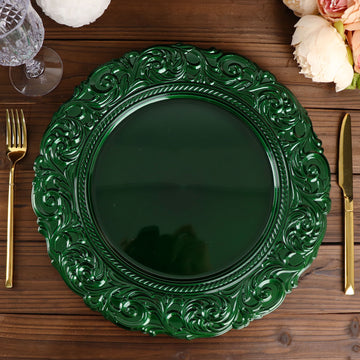 6 Pack Hunter Emerald Green Vintage Plastic Serving Plates With Engraved Baroque Rim, Round Disposable Charger Plates 14"