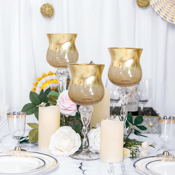 Set of 3 | Hurricane Long Stem Gold Foil Crackle Glass Vases Candle Holder Set - 16",14",12"