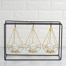 3 Pack | 8inch Gold Hanging Geometric Tealight Candle Holders with 10inch Tall Black Iron Stand