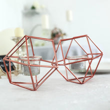 Rose Gold 11 Inch Geometric Linked Metal Candle Holder Set with Votive Glass Holders
