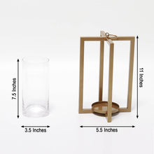 11 Inch Iron Geometric Frame Glass Lantern Candle Holder Gold