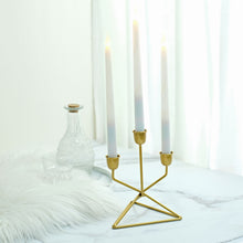 2 Pack 7 Inch Gold Metal 3 Arm Taper Candle Holder Candelabra in Geometric Triangle Base Design