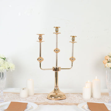 Add Glamour to Your Event Decor with the Gold Metal 3-Arm Candle Holder Candelabra Table Centerpiece