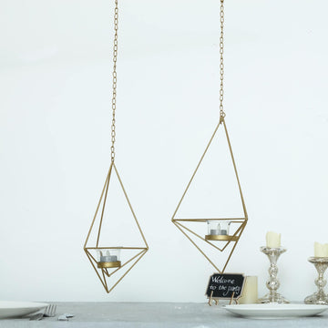 Elegant Gold Geometric Hanging Tealight Candle Holders for Stunning Event Decor