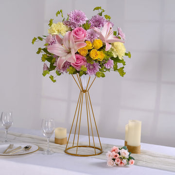 Dual Cone Reversible Gold Metal Geometric Flower Stand - Elevate Your Centerpieces