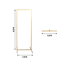 Backdrop stands: a gold metal rectangular frame with measurements on a white background