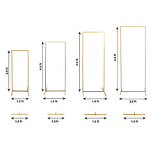 Backdrop Stands - Metal, Gold, Rectangular Frame with Sturdy Base - Diagram Showing Different Sizes of Frames and Their Heights