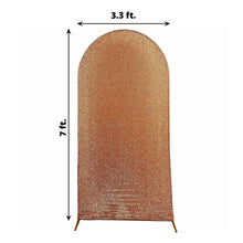 Copper colored arch cover made of Shimmer Tinsel Spandex, measuring 3.3 ft and 7 ft