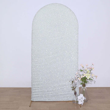 Shimmery Silver Tinsel Spandex Wedding Arch Cover