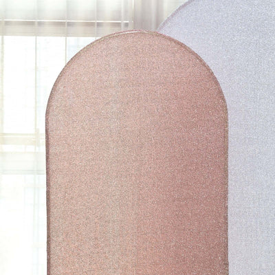 Two shimmering fabric swatches in rose gold and silver tones.