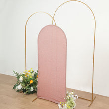 Round Top Chiara Backdrop Stand with Blush Rose Gold Shimmer Tinsel Spandex Arch Cover 5 Feet