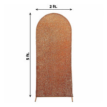 Arch Covers and Fitted Backdrop Covers made of Shimmer Tinsel Spandex in Antique Gold color, Rectangular shape, and Double-sided style with a sign that says 2 ft and 5 ft on it