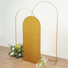 Round Top Chiara Backdrop Stand with Gold Shimmer Tinsel Spandex Arch Cover 5 Feet