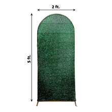A picture of a Hunter Emerald Green Shimmer Tinsel Spandex Round arch cover with measurements 2 ft and 5 ft