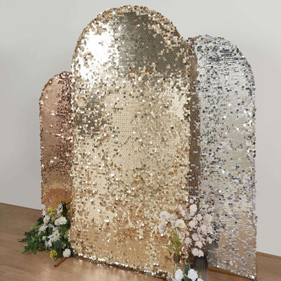 Three shimmering sequin backdrops in gold, silver, and rose gold.