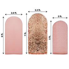 A picture of sequined arch covers in rose gold color with measurements of 2.6 ft, 3.3 ft, and 5 ft