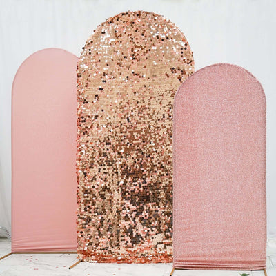 Rose gold sequin photo backdrop with three arch shapes for events and celebrations.