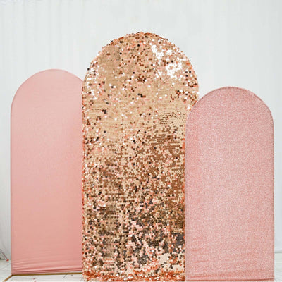 Three decorative backdrops in pink and rose gold sequins.