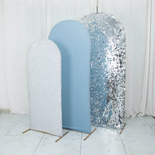Set Of 3 Dusty Blue and Silver Sequin Round Top Fitted Arch Covers#whtbkgd