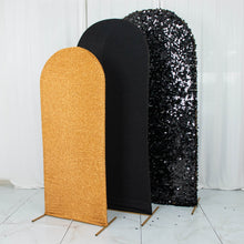 3 Sets Of Black And Gold Big Payette Sequin Shimmer Tinsel And Matte Spandex Round Top Arch Covers