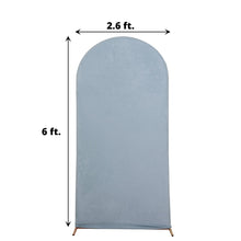 A spandex dusty blue round top arch cover with measurements of 2.6 ft and 6 ft