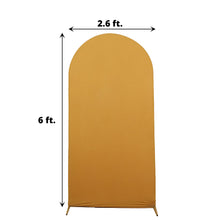 A picture of a Gold Spandex Fitted Arch Cover with the measurements 2.6 ft and 6 ft