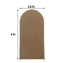 A picture of a Matte Taupe Spandex Round Top arch with the measurements 2.6 ft and 6 ft, covered with arch covers and fitted backdrop covers