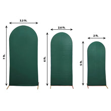 Three different sizes of Spandex arch covers in Matte Hunter Emerald Green