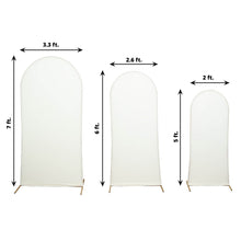 Three different sizes of Round Top Spandex Arch Covers in Matte Ivory color