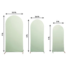 Three different sizes of Spandex arch covers in Matte Sage Green color, designed for Round Top shape with a double-sided style