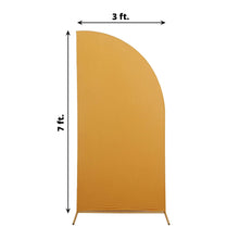 Spandex Matte Gold Half Moon Double-sided Arch Covers and Fitted Backdrop Covers on a Wall with the Measurements of 3 ft and 7 ft
