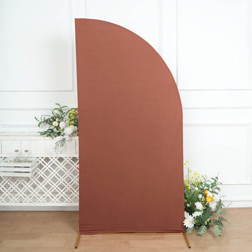 Elevate Your Wedding Decor with the Matte Terracotta (Rust) Fitted Spandex Half Moon Wedding Arch Cover