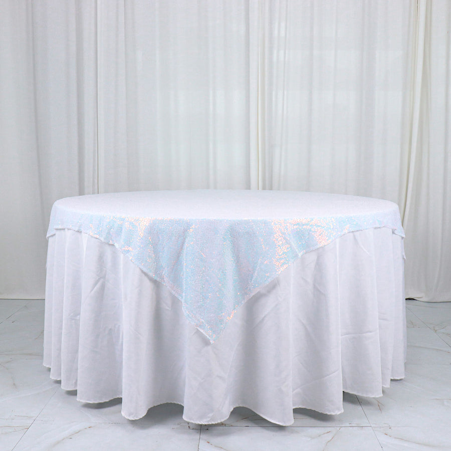 60 Inch x 60 Inch Iridescent Blue Duchess Sequin Square Table Overlay