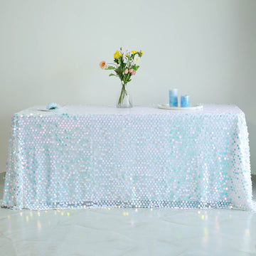90"x132" Iridescent Blue Seamless Big Payette Sequin Rectangle Tablecloth Premium Collection