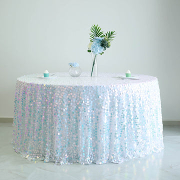 120" Iridescent Blue Seamless Big Payette Sequin Round Tablecloth Premium Collection