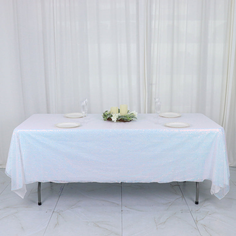 60 Inch x 102 Inch Iridescent Blue Sequin Rectangle Tablecloth