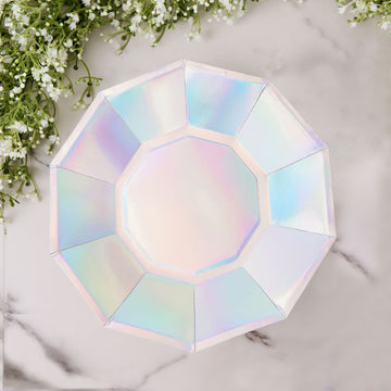 25 Pack | Iridescent 9" Geometric Dinner Paper Plates, Disposable Plates with Decagon Rim