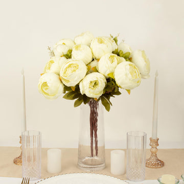 2 Pack Ivory Artificial Peony Flower Wedding Bouquets, Faux Silk Flower Arrangements 19"