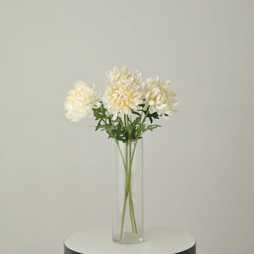 3 Stems Ivory Artificial Silk Chrysanthemum Bouquet Flowers, Large Faux Mum Branches 27"