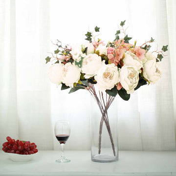 2 Bush Ivory Artificial Silk Peony, Rose and Hydrangea Flower Bouquet
