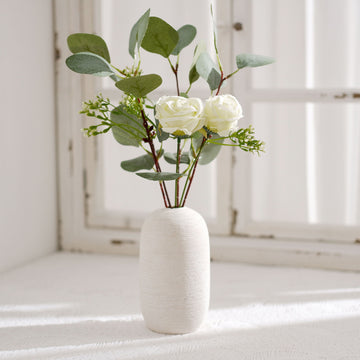 Ivory Artificial Silk Rose and Eucalyptus Flower Bouquet Arrangement 15"
