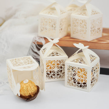 25 Pack Ivory Butterfly Top Laser Cut Lace Favor Candy Gift Boxes