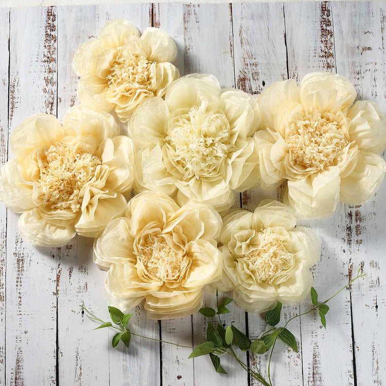 6 Pack Ivory & Cream Giant Paper Flowers Peony Assorted Sizes -  12" | 16" | 20"